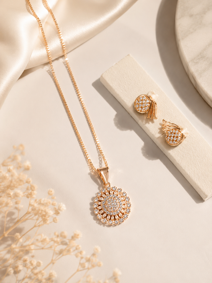 Elegant Gold-Tone Pendant & Earrings Jewelry Set